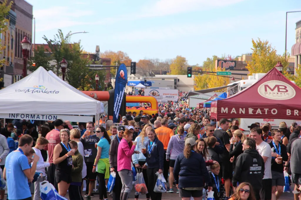 A crowd of people gathered for a post-race party after the marathon